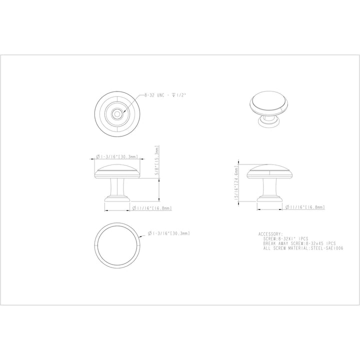 Elements - 1-3/16" Gatsby Cabinet Mushroom Knob - Ring