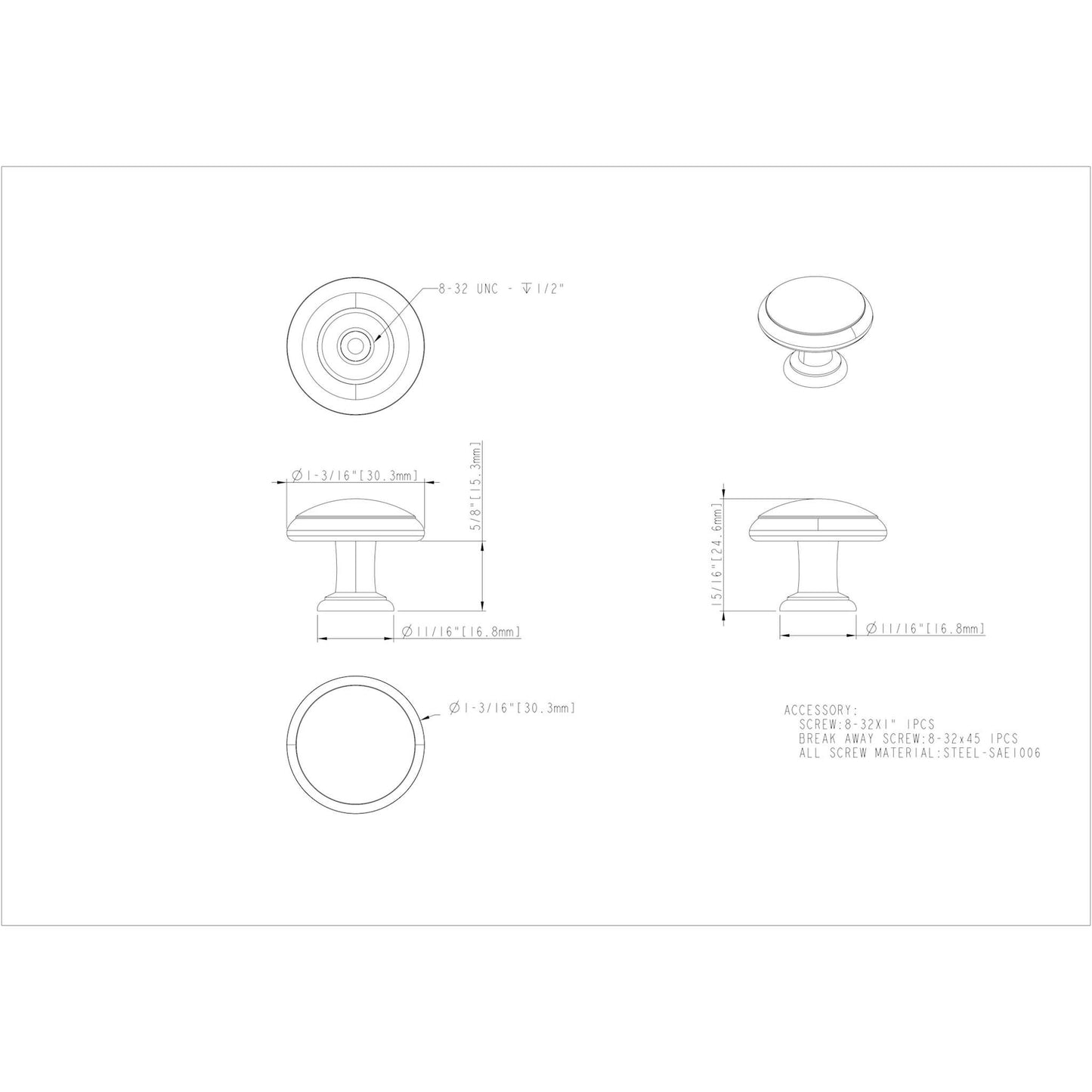 Elements - 1-3/16" Gatsby Cabinet Mushroom Knob - Ring