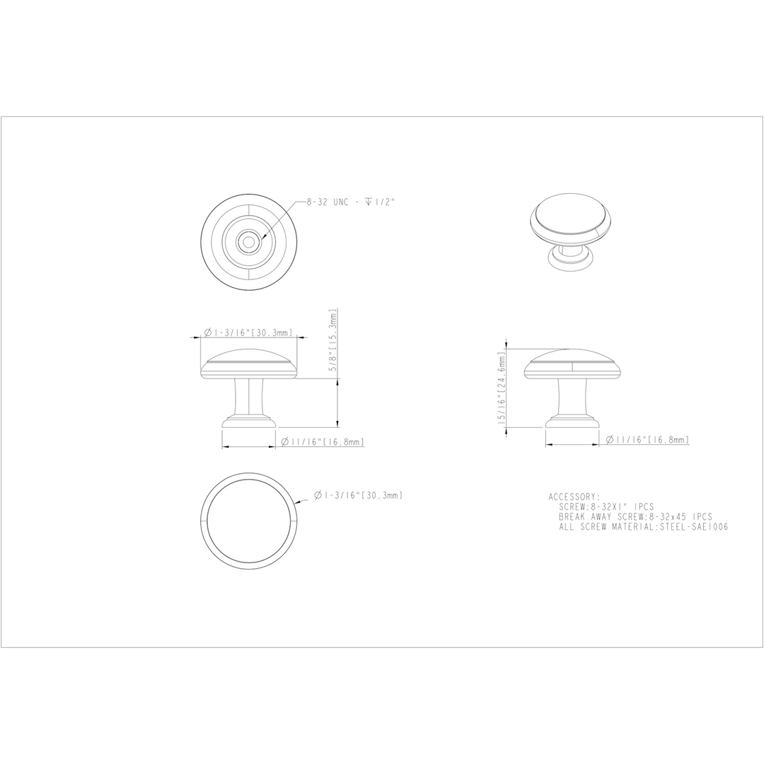 Elements - 1-3/16" Gatsby Cabinet Mushroom Knob - Ring