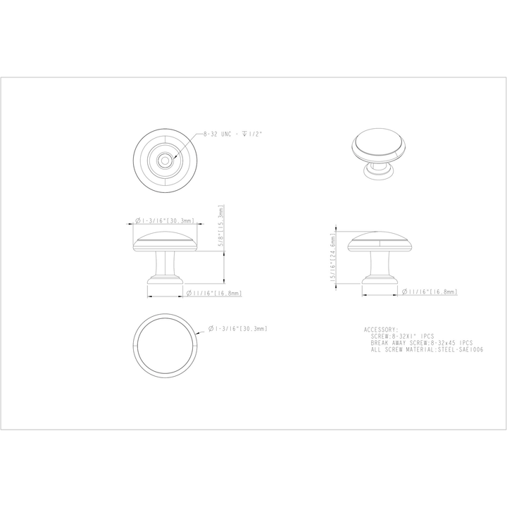 Elements - 1-3/16" Gatsby Cabinet Mushroom Knob - Ring