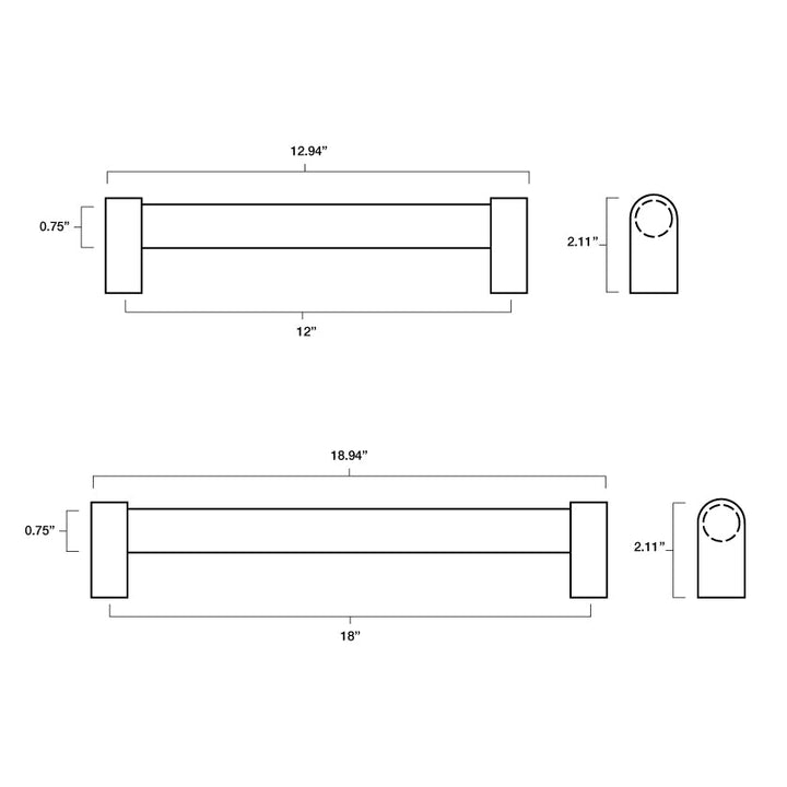 Tech specs with dimensions for Hapny Clarity Appliance Pull in both 12" and 18" center to center sizes for all finishes