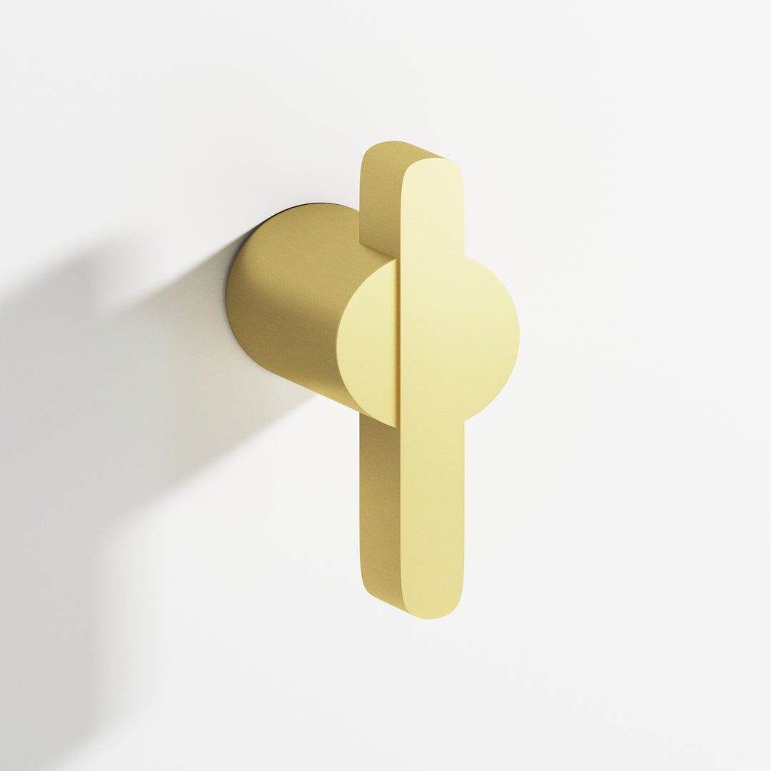 Colonial Bronze 1331 Round offset and striped T Cabinet Knob in Matte Satin Brass