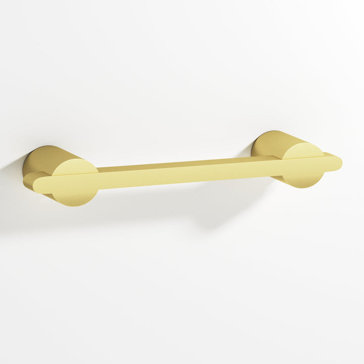 Colonial Bronze 1334 Rectangular Cabinet Pull partially encapsulated by round posts in Matte Satin Brass