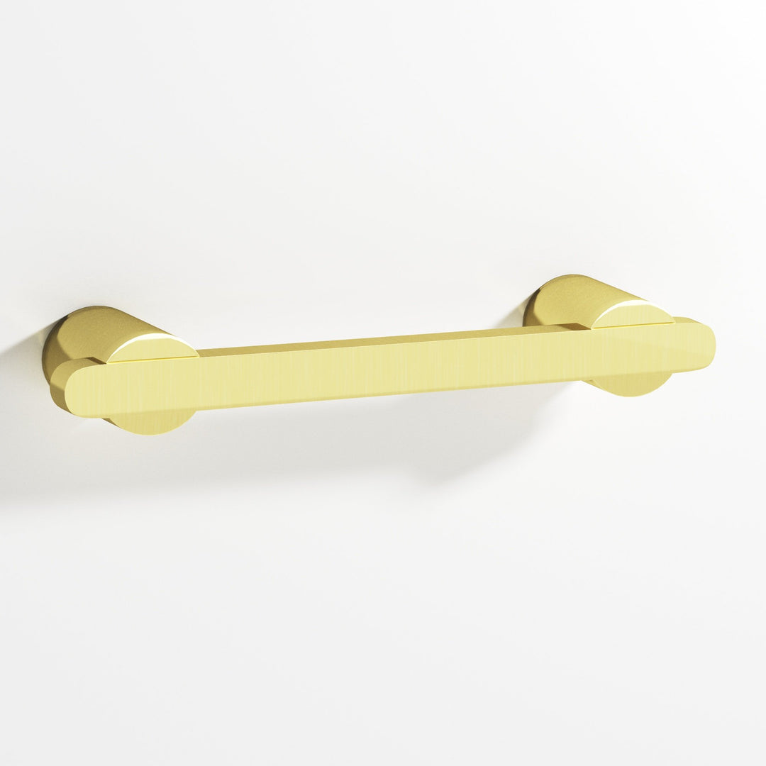 Colonial Bronze 1335 Rectangular Cabinet Pull partially encapsulated by round posts in Unlacquered Polished Brass