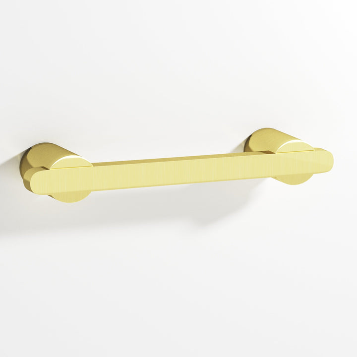 Colonial Bronze 1335 Rectangular Cabinet Pull partially encapsulated by round posts in Unlacquered Polished Brass
