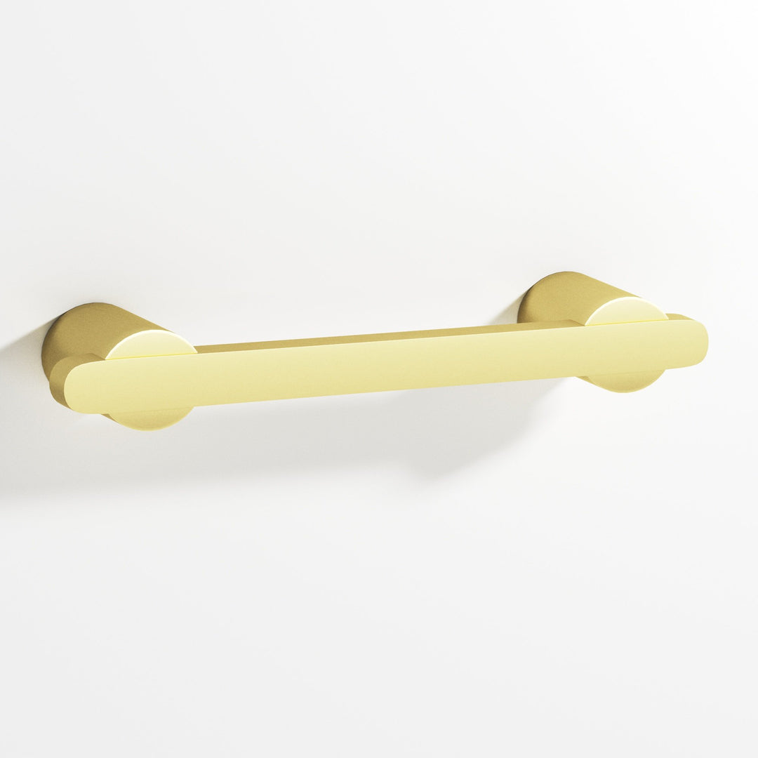 Colonial Bronze 1335 Rectangular Cabinet Pull partially encapsulated by round posts in Matte Satin Brass