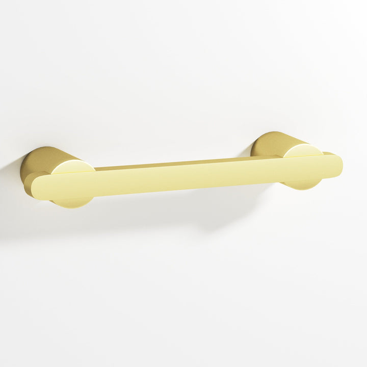 Colonial Bronze 1335 Rectangular Cabinet Pull partially encapsulated by round posts in Matte Satin Brass