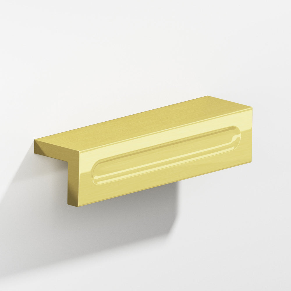 Colonial Bronze 716 L-shaped Cabinet Pull with finger indent in Unlacquered Polished Brass