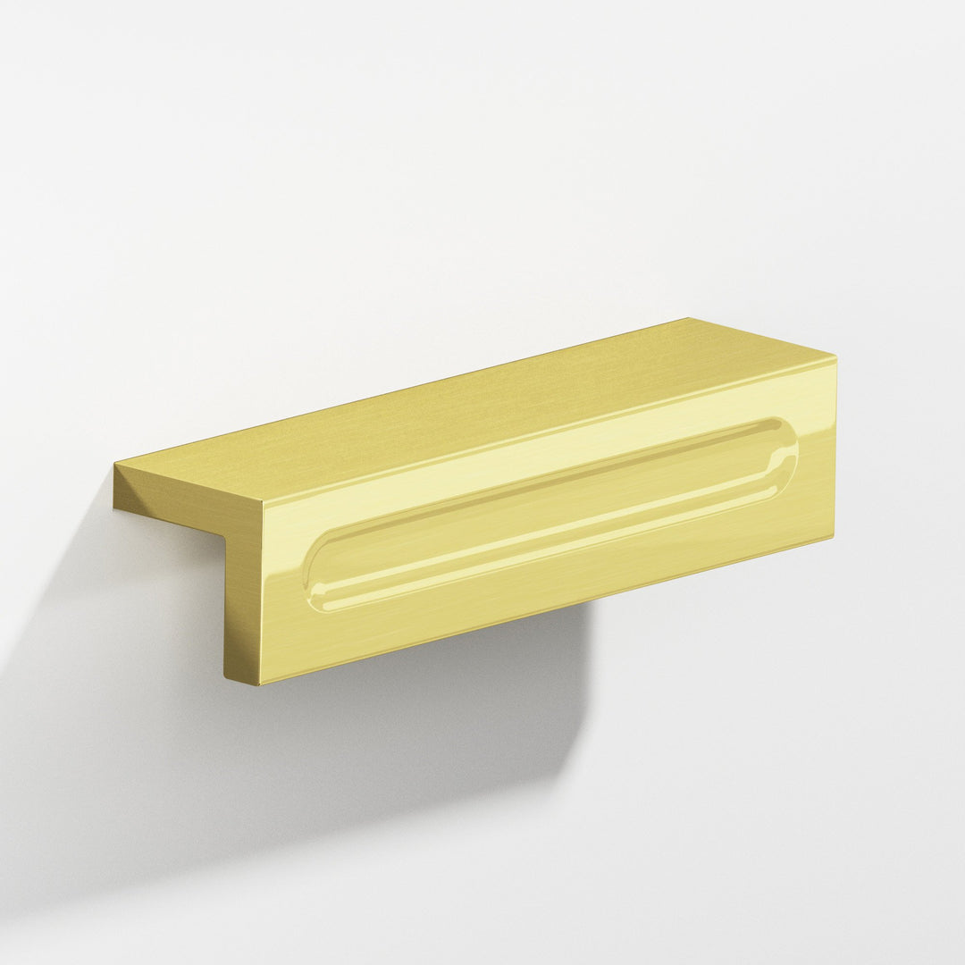 Colonial Bronze 716 L-shaped Cabinet Pull with finger indent in Unlacquered Polished Brass