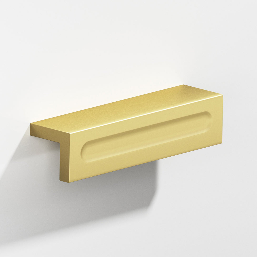 Colonial Bronze 716 L-shaped Cabinet Pull with finger indent in Matte Satin Brass