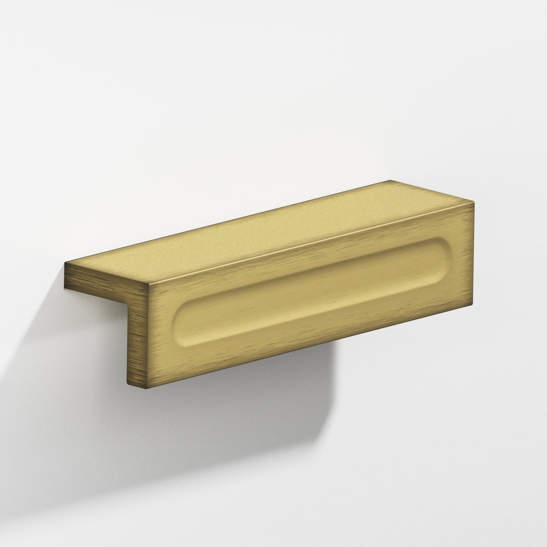 Colonial Bronze 716 L-shaped Cabinet Pull with finger indent in Matte Antique Satin Brass
