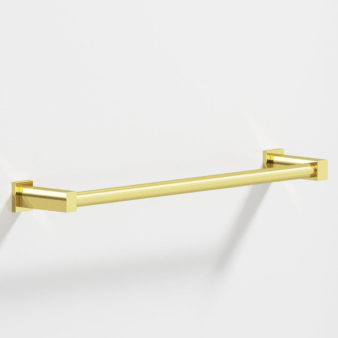 Colonial Bronze 45 Round Towel Bar fully encapsulated by rectangular posts in Unlacquered Polished Brass