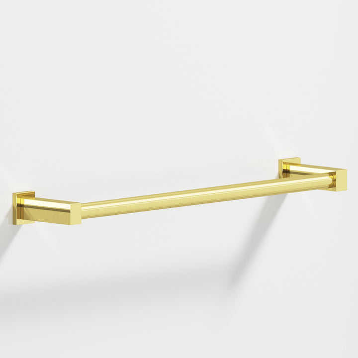 Colonial Bronze 45 Round Towel Bar fully encapsulated by rectangular posts in Unlacquered Polished Brass