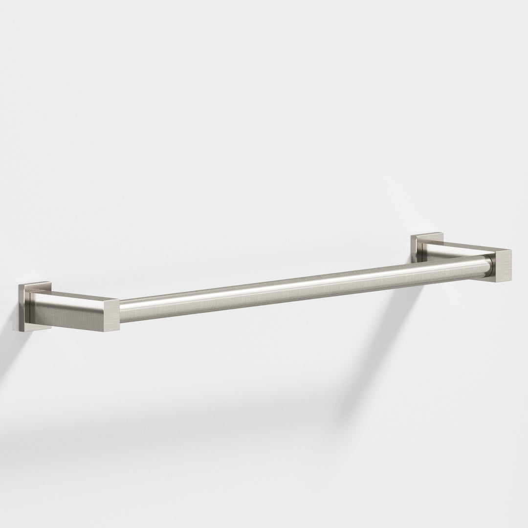 Colonial Bronze 45 Round Towel Bar fully encapsulated by rectangular posts in Satin Nickel