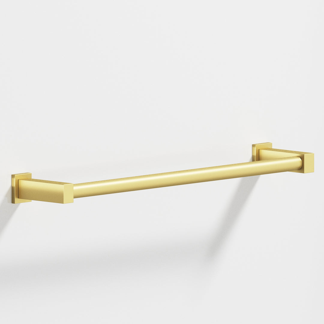 Colonial Bronze 45 Round Towel Bar fully encapsulated by rectangular posts in Matte Satin Brass