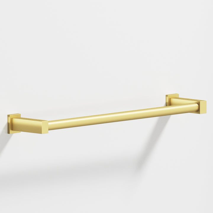 Colonial Bronze 45 Round Towel Bar fully encapsulated by rectangular posts in Matte Satin Brass