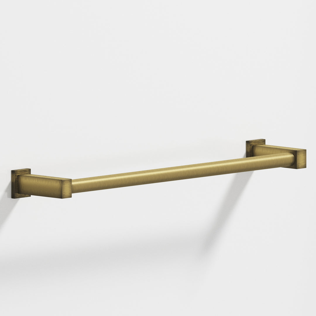 Colonial Bronze 45 Round Towel Bar fully encapsulated by rectangular posts in Matte Antique Satin Brass