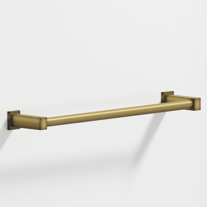 Colonial Bronze 45 Round Towel Bar fully encapsulated by rectangular posts in Matte Antique Satin Brass