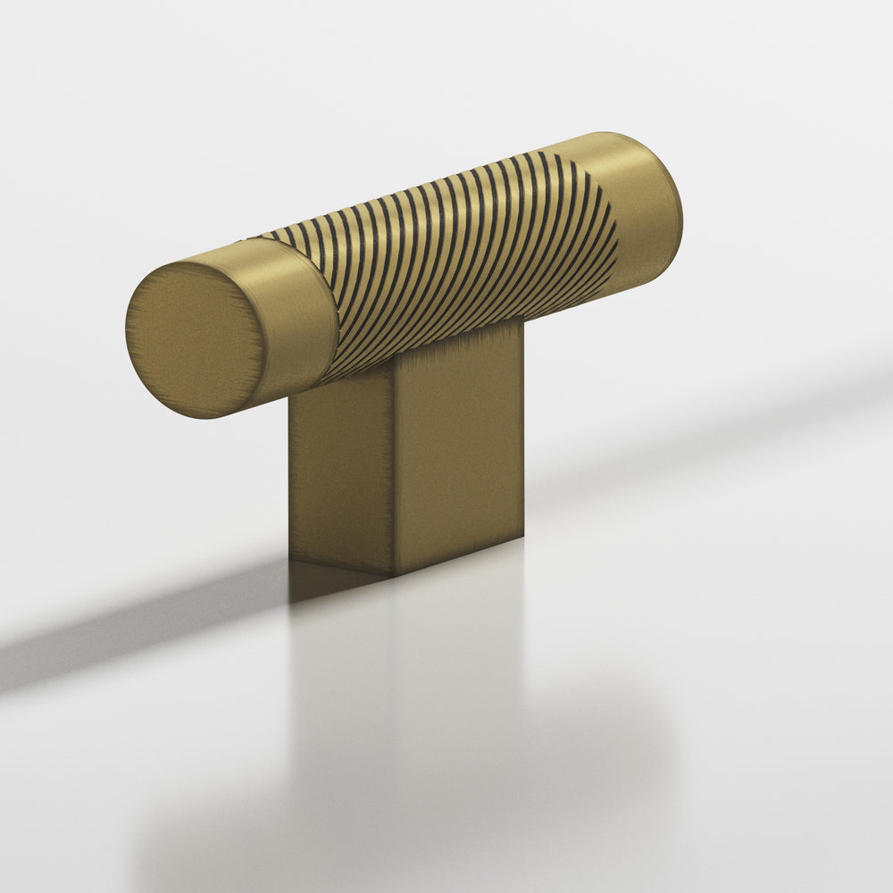 Colonial Bronze 570 Round single-knurled T Cabinet Knob with rectangular post in Matte Antique Satin Brass