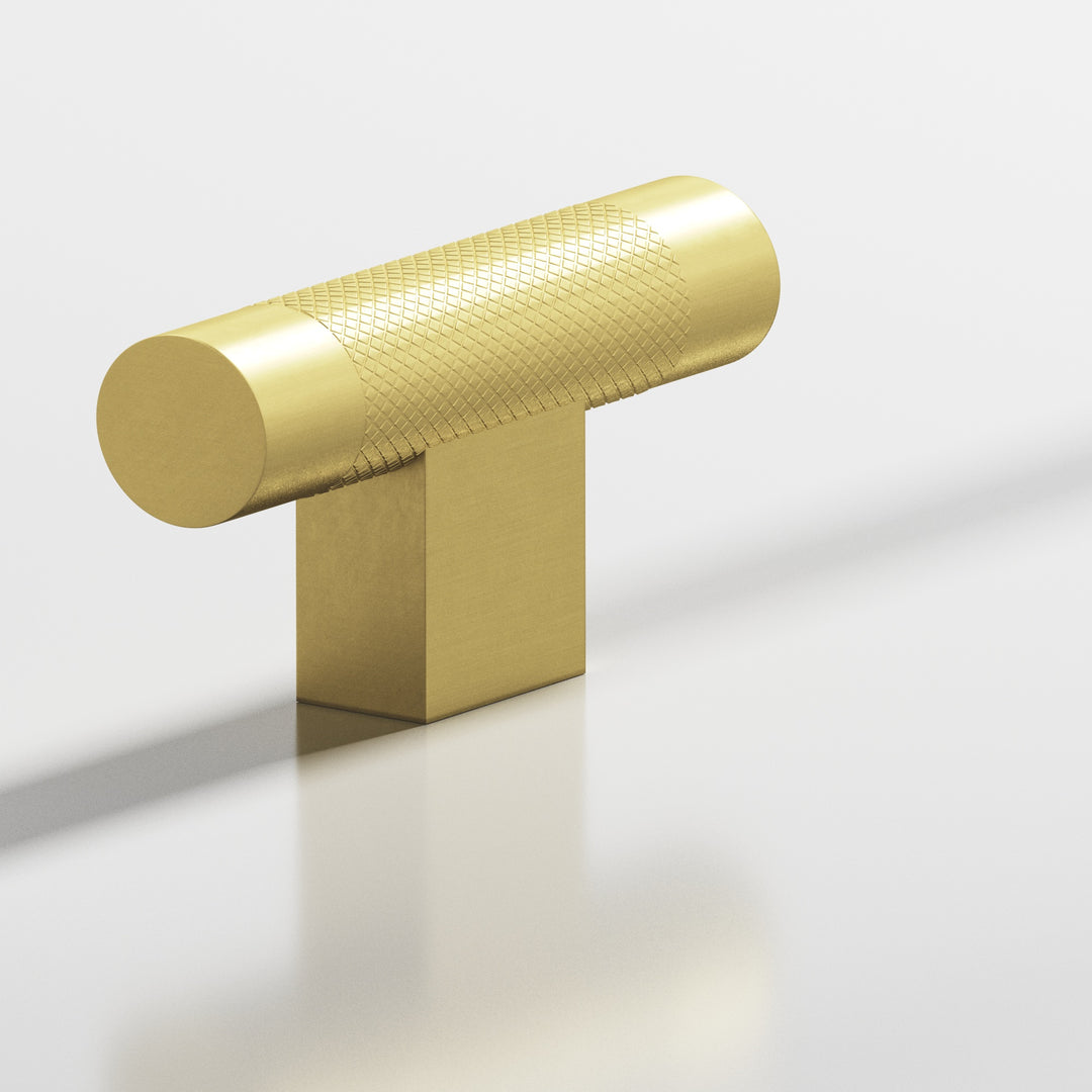 Colonial Bronze 571 Round diamond-knurled T Cabinet Knob with rectangular post in Matte Satin Brass