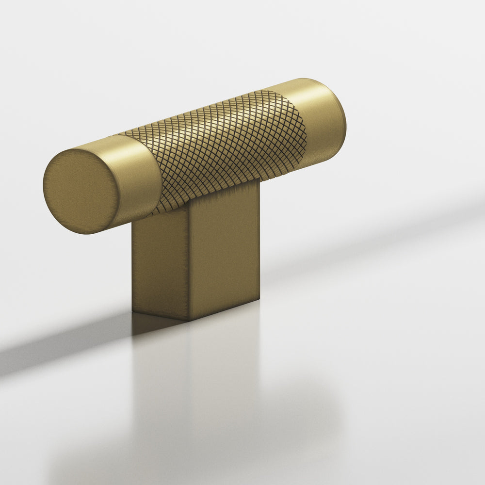 Colonial Bronze 571 Round diamond-knurled T Cabinet Knob with rectangular post in Matte Antique Satin Brass
