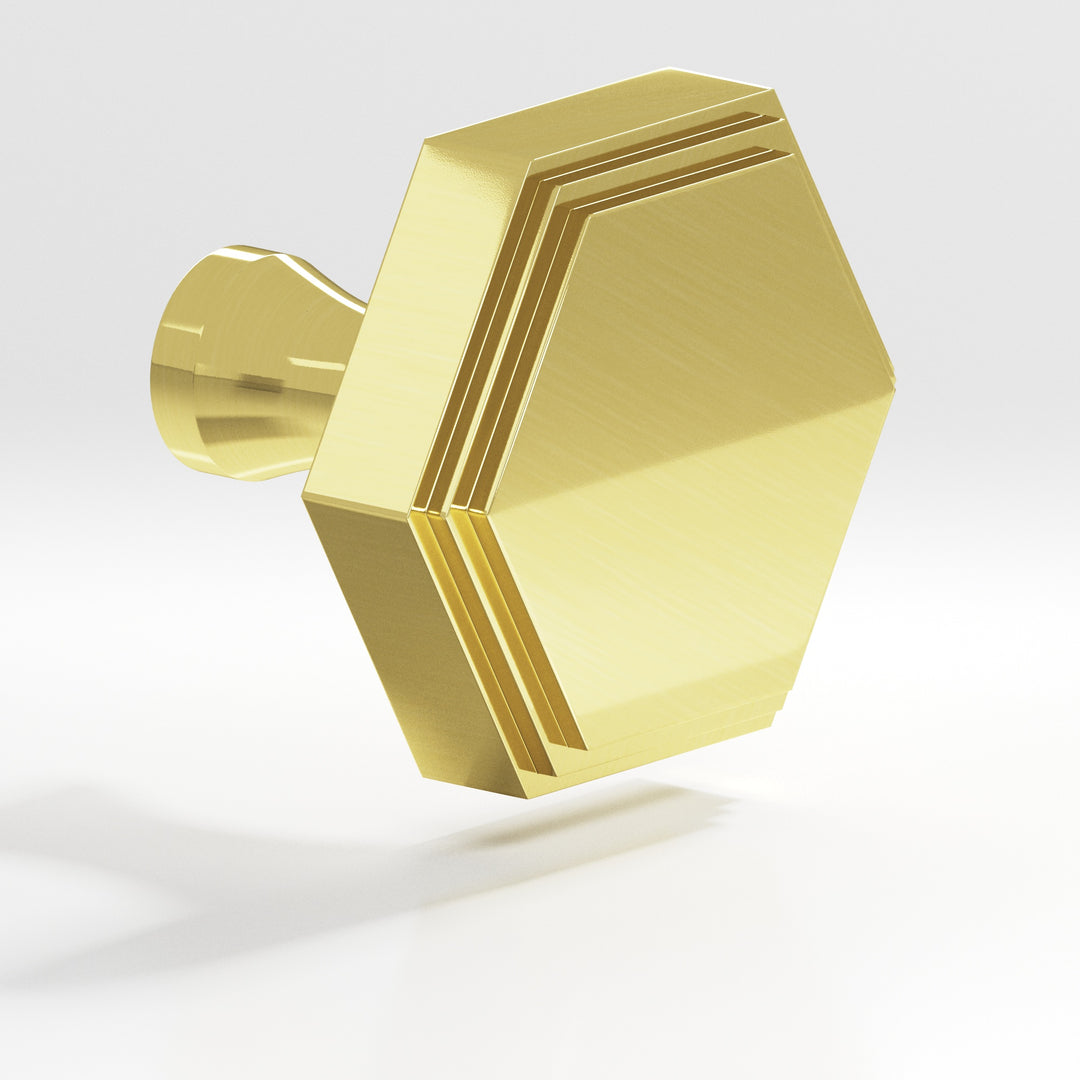 Colonial Bronze 626 Hexagonal stepped Cabinet Knob with flared post in Unlacquered Polished Brass