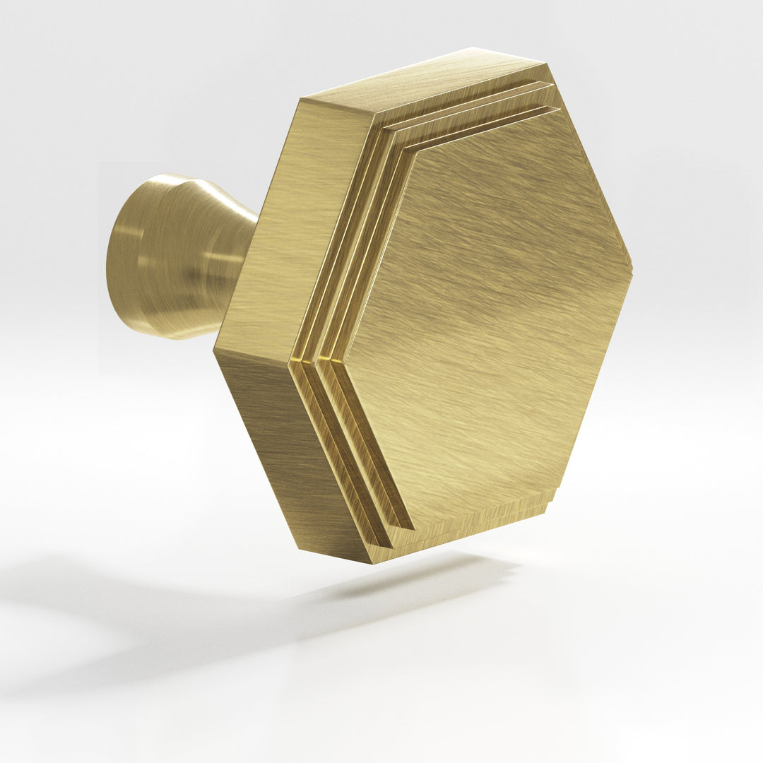 Colonial Bronze 627 Hexagonal stepped Cabinet Knob with flared post in Antique Brass