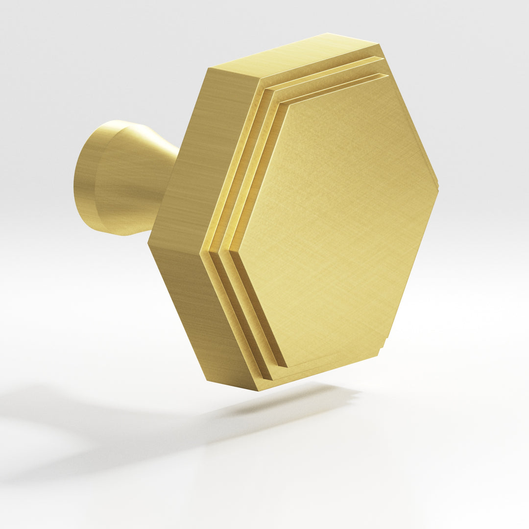 Colonial Bronze 627 Hexagonal stepped Cabinet Knob with flared post in Matte Satin Brass