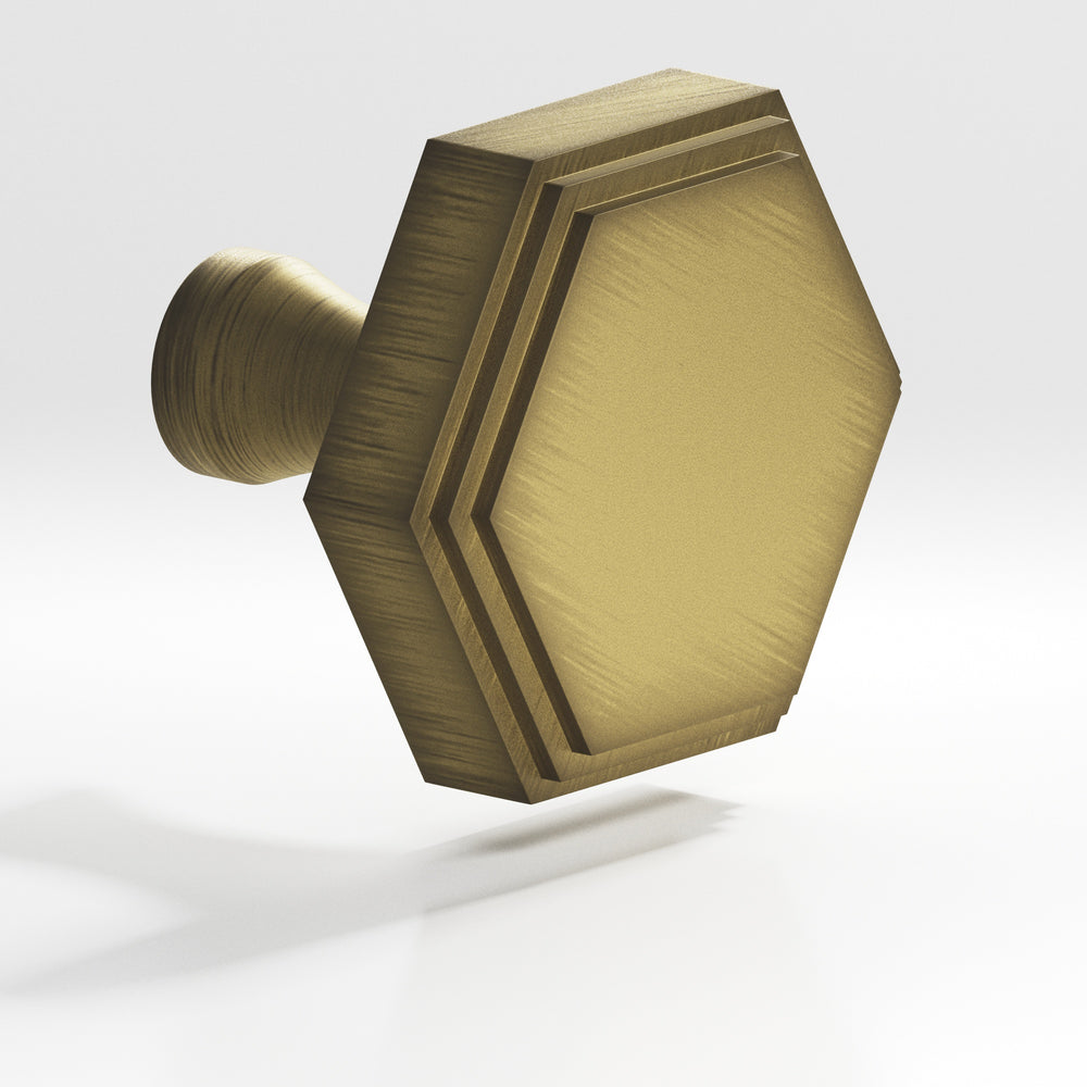 Colonial Bronze 627 Hexagonal stepped Cabinet Knob with flared post in Matte Antique Satin Brass