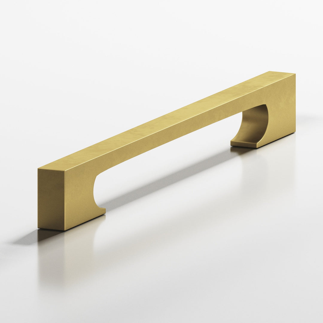 Colonial Bronze 731 Rectangular Cabinet Pull with rectangular scalloped legs in Matte Satin Brass