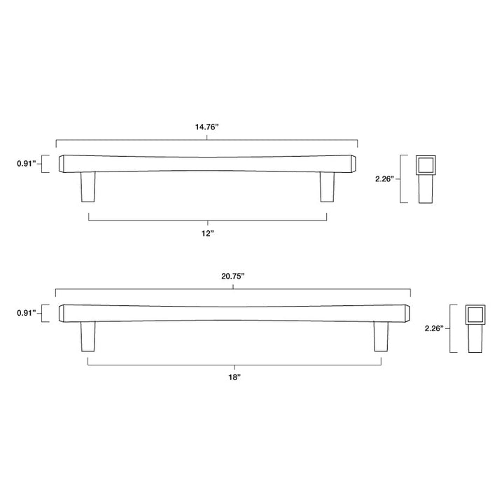 Tech specs with dimensions for Hapny Diamond Appliance Pull in 12" and 18" center to center sizes for all finishes