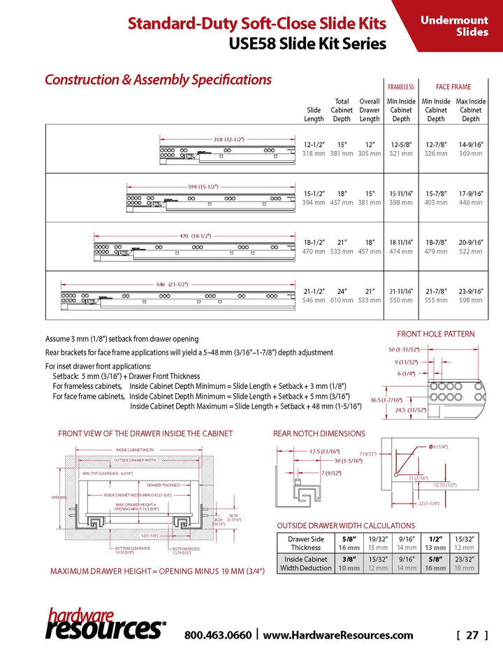 Hardware Resources - Standard Duty Soft-close 100 lb Full Extension Undermount Slide Kit