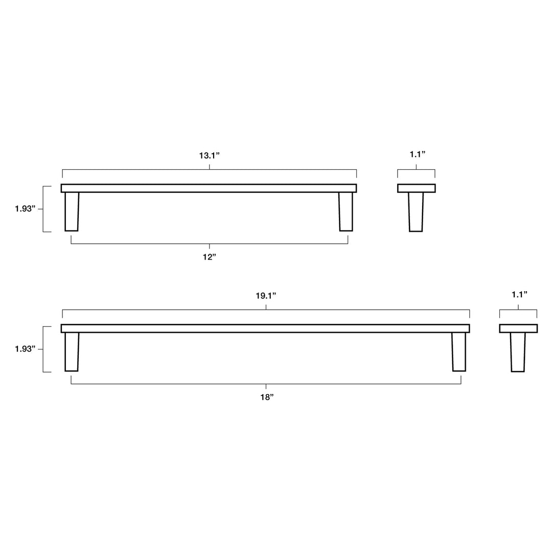 Tech specs with dimensions of Hapny Horizon Appliance Pull in 12" and 18" center to center sizes for all finishes