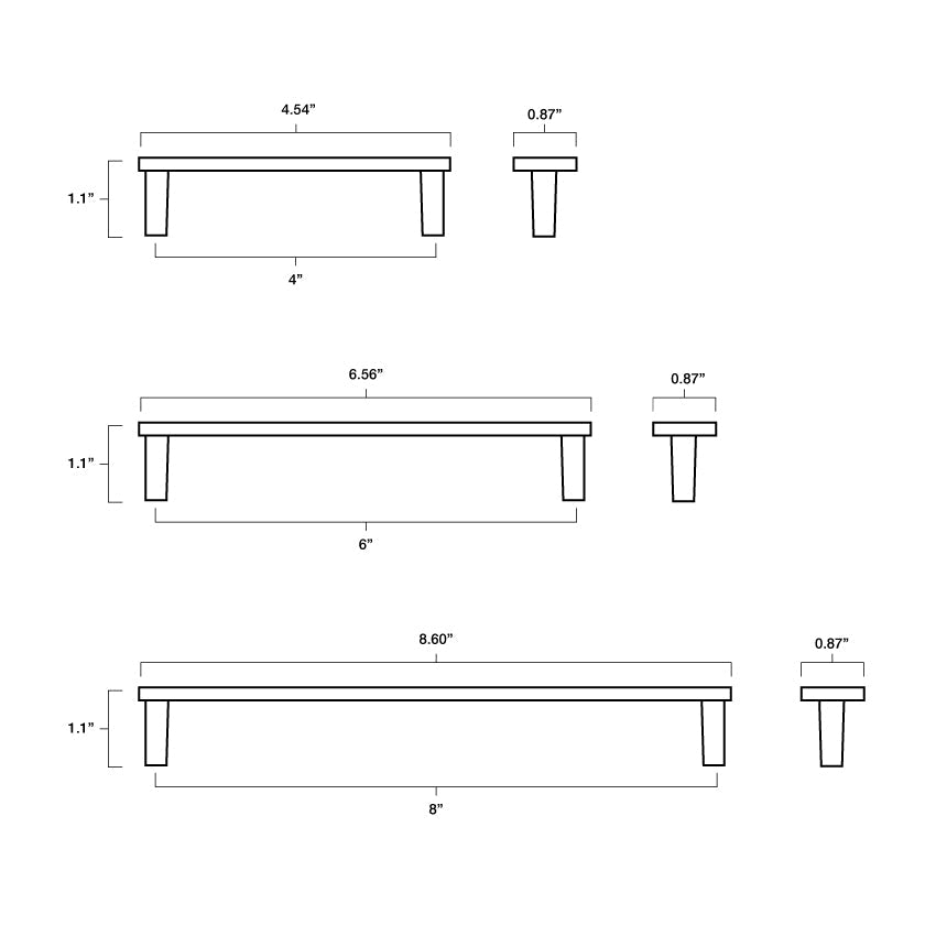 Tech specs with dimensions of Hapny Horizon Cabinet Pull in 4”, 6" and 8" center to center sizes for all finishes