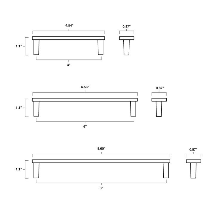 Tech specs with dimensions of Hapny Horizon Cabinet Pull in 4”, 6" and 8" center to center sizes for all finishes