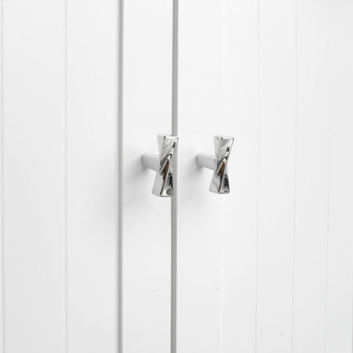Polished Nickel Twist Knobs on White Kitchen Cabinets