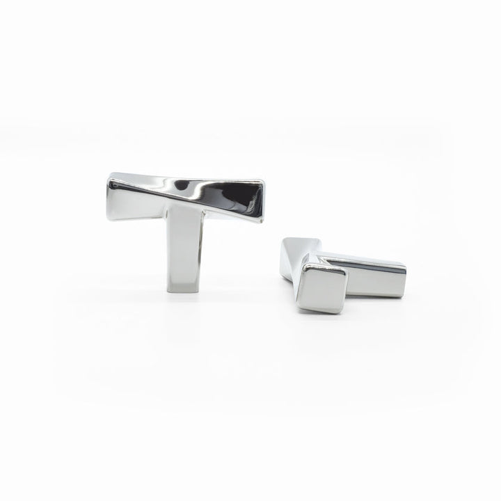 Two Polished Nickel Hapny Twist t-knobs, one standing and one side-facing while laying down