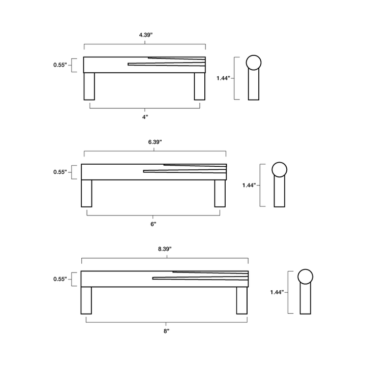 Tech specs with dimensions of Hapny Sunburst Cabinet Pull in 4”, 6" and 8" center to center sizes for all finishes