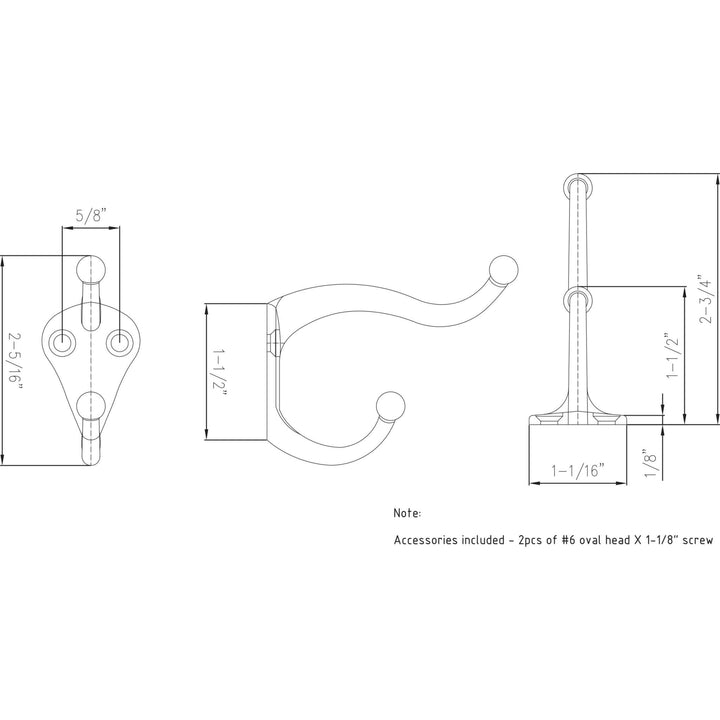 Elements - 2-5/16" Traditional Double Prong Ball End Wall Mounted Hook