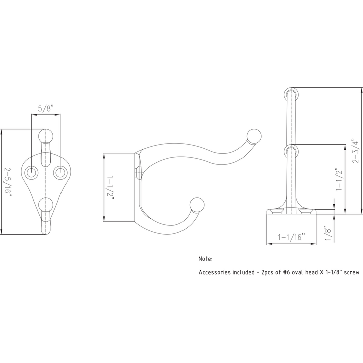 Elements - 2-5/16" Traditional Double Prong Ball End Wall Mounted Hook