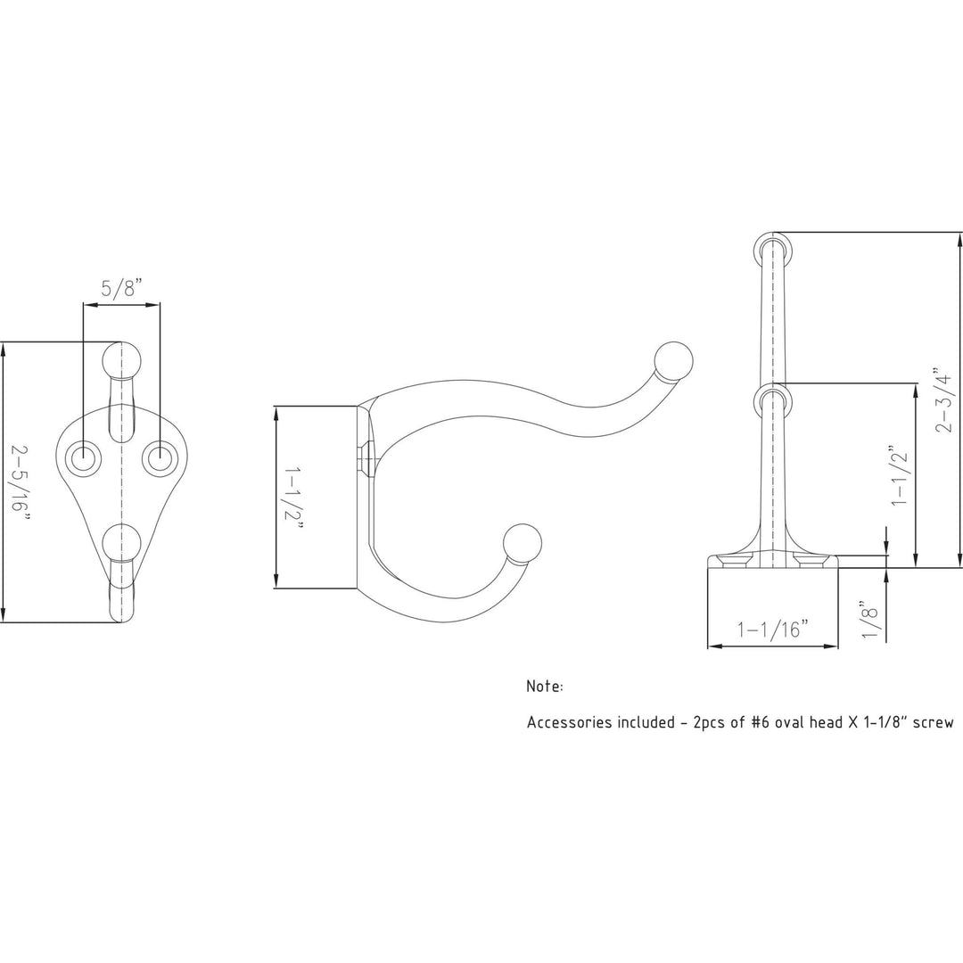 Elements - 2-5/16" Traditional Double Prong Ball End Wall Mounted Hook