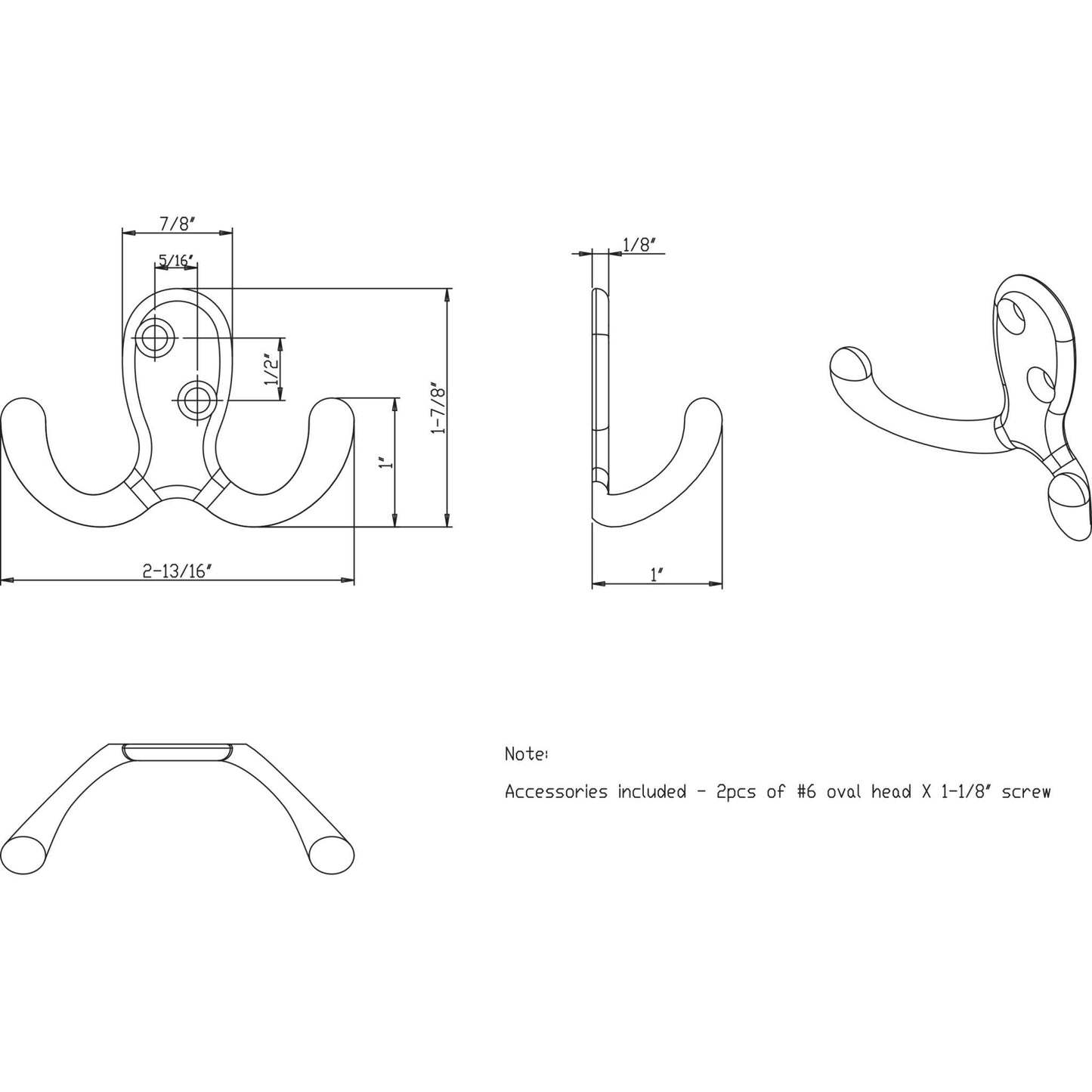 Elements - 1-7/8" Sleek and Casual Double Prong Wall Mounted Hook