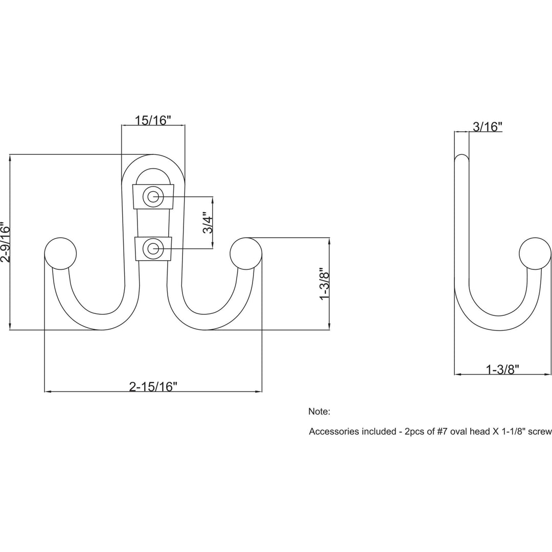 Elements - 2-9/16" Classic Double Prong Ball End Wall Mounted Hook