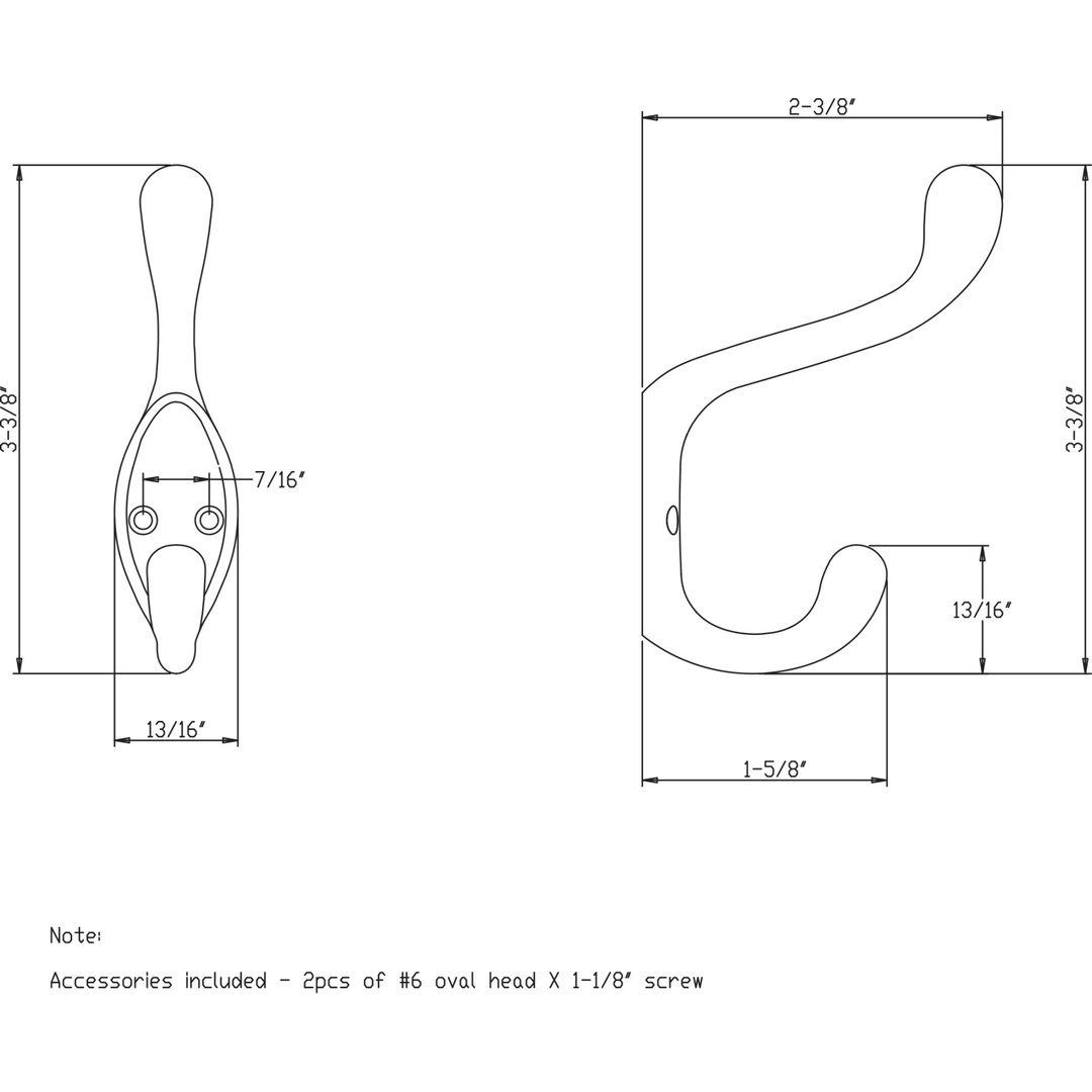 Elements - 3-3/8" Small Transitional Double Prong Wall Mounted Hook