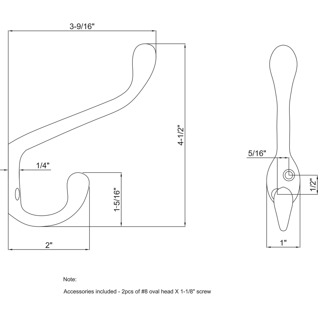 Elements - 4-1/2" Large Transitional Double Prong Wall Mounted Hook