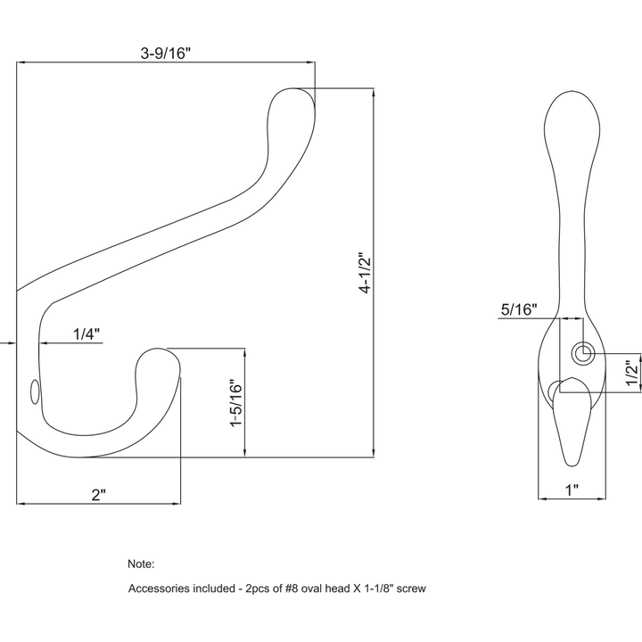 Elements - 4-1/2" Large Transitional Double Prong Wall Mounted Hook