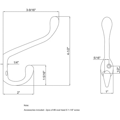 Elements - 4-1/2" Large Transitional Double Prong Wall Mounted Hook