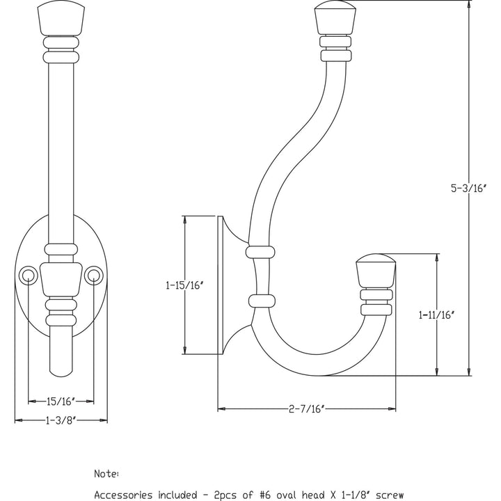 Elements - 5-3/16" Ringed Contemporary Double Prong Wall Mounted Hook