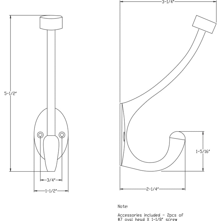 Elements - 5-1/2" Pilltop Double Prong Wall Mounted Hook