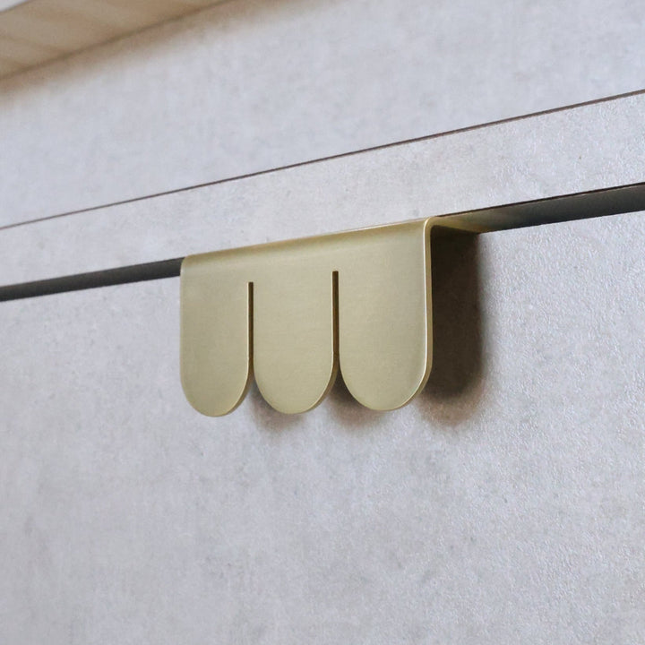 Satin Brass cute edge pull on kitchen cabinets,